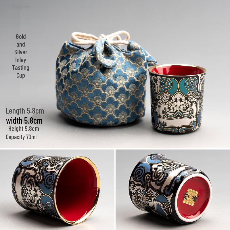 Gold & Silver Inlay Gaiwan Tea Set: Chinese Taotie Teapot with Gilded Teacup & Infuser