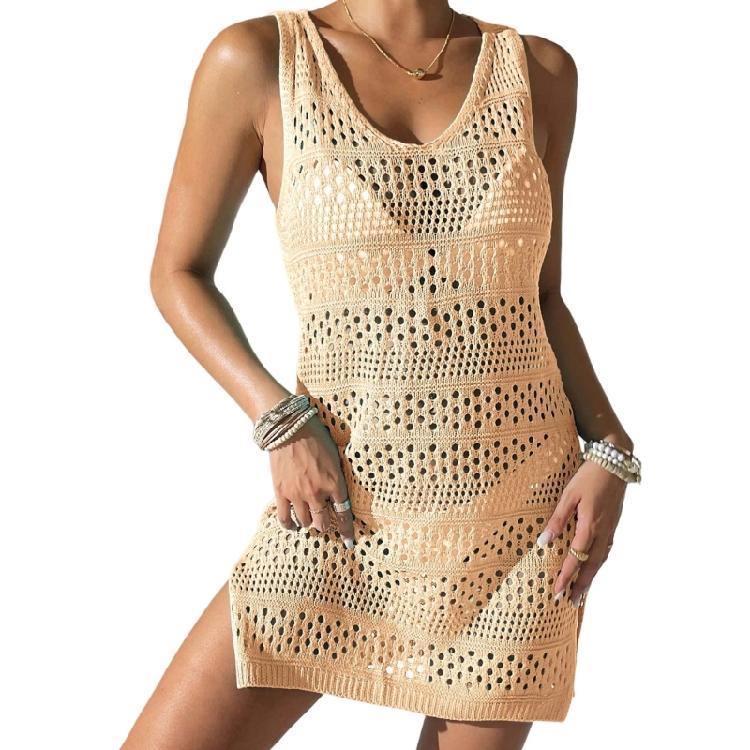 Elegant Knitted Hollowed Out Vest Dress Comfortable Beach Cover Up Dress for Pool Parties and Beach Vacation