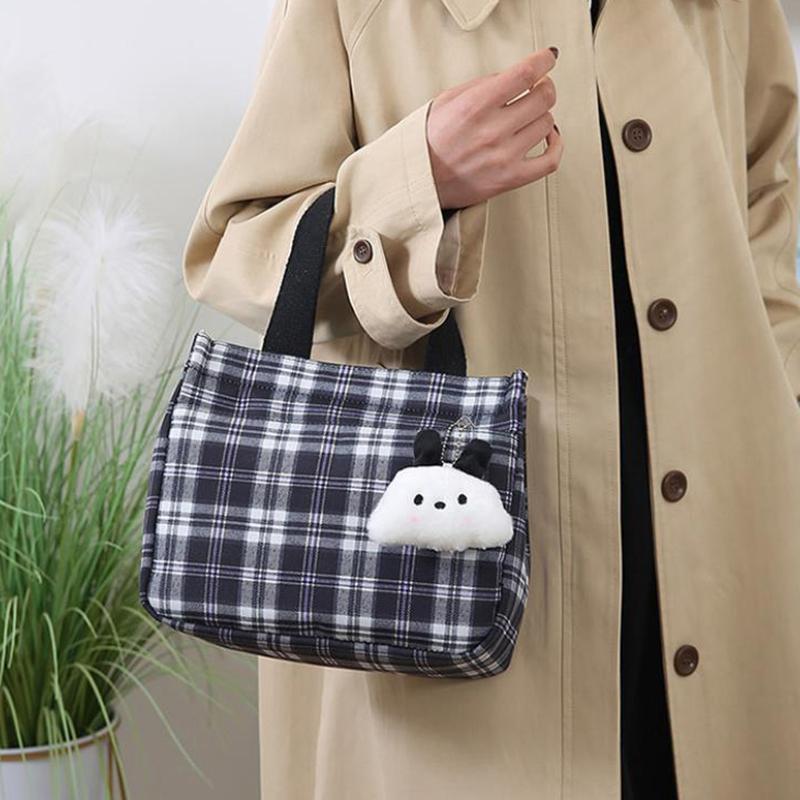 Cartoon Casual Plaid Pattern Canvas Versatile Handbag With Plush Pendant Office Worker Lunch Bag Tote Bag