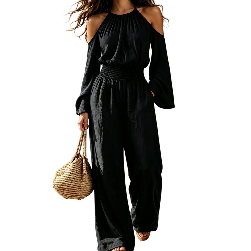 Women's Cable Knit Neck Long Sleeve Jumpsuit, High Waist Loose Fit Straight Leg