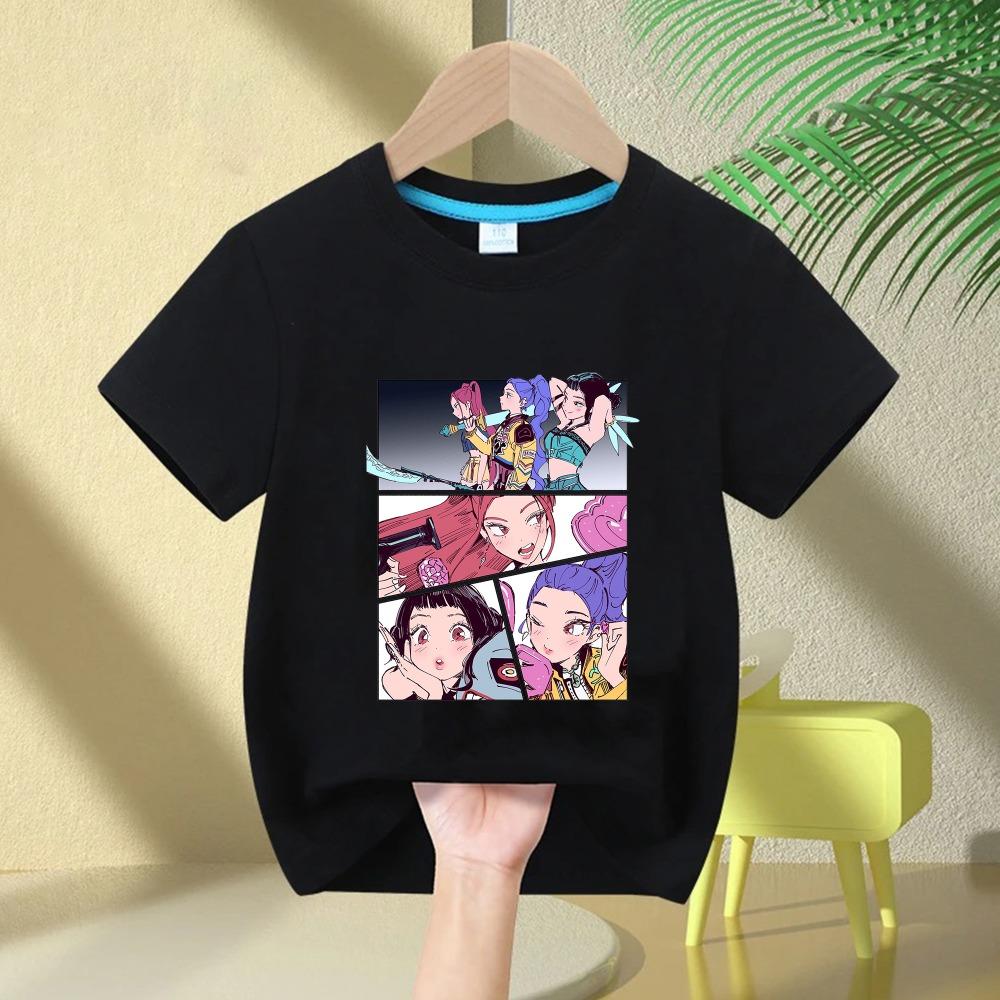 Fashion casual top, casual baby clothing, movie round neck cartoon girl boy T-shirt, children s T-shirt, demon hunter print 150