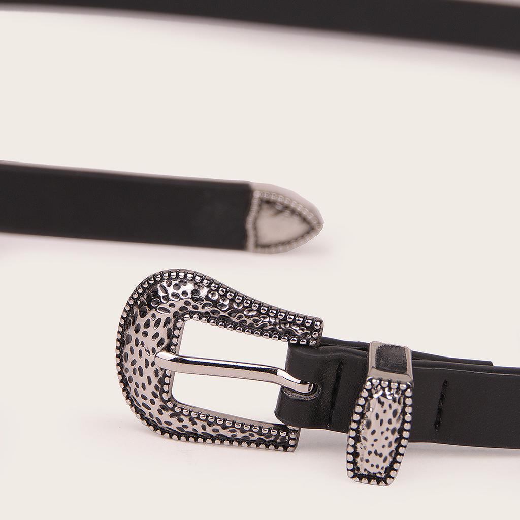 New Women's Thin Belt Black Dress Versatile Thin Belt Carved Western Buckle PU Women's Belt