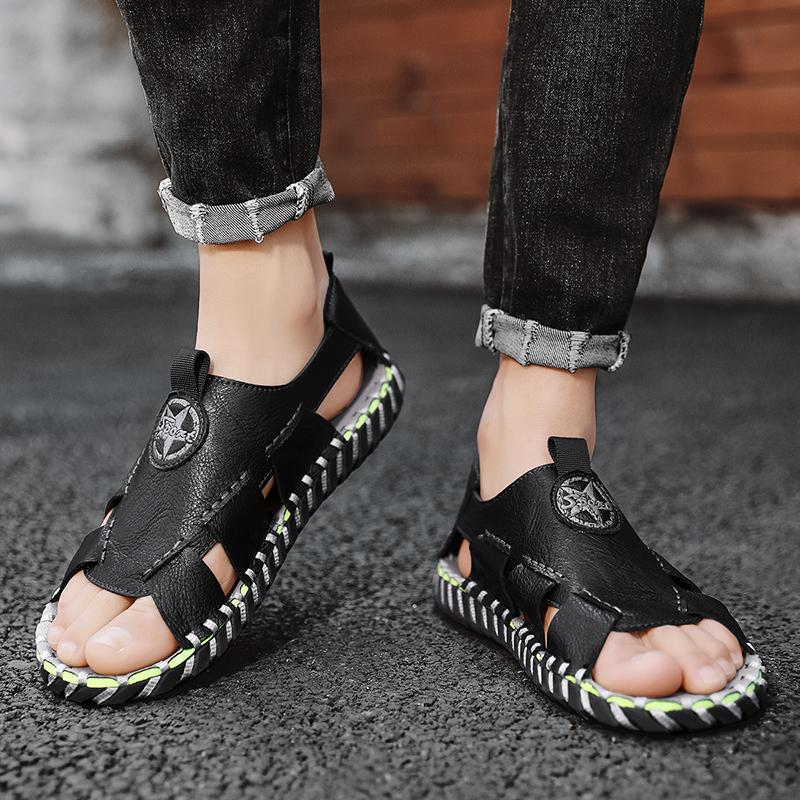 FashionSummer Men Shoes Casual Leather Sandals Handmade Sewing Outdoor Walking Anti-slip Beach Sport Shoes Platform Sandals Slipper Man