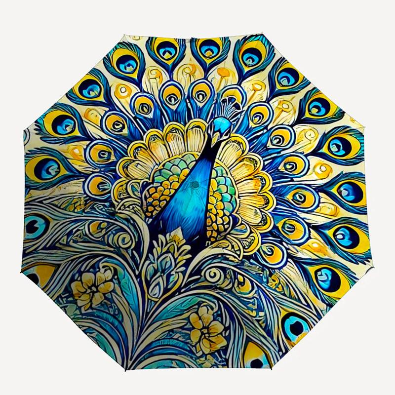 1pc Peacock Mandala Art Automatic Folding Umbrella - Portable 3-Fold Design, 8-Bone Iron Frame Outdoor Umbrella, Ideal Gift for Fans, Travelers, Daily