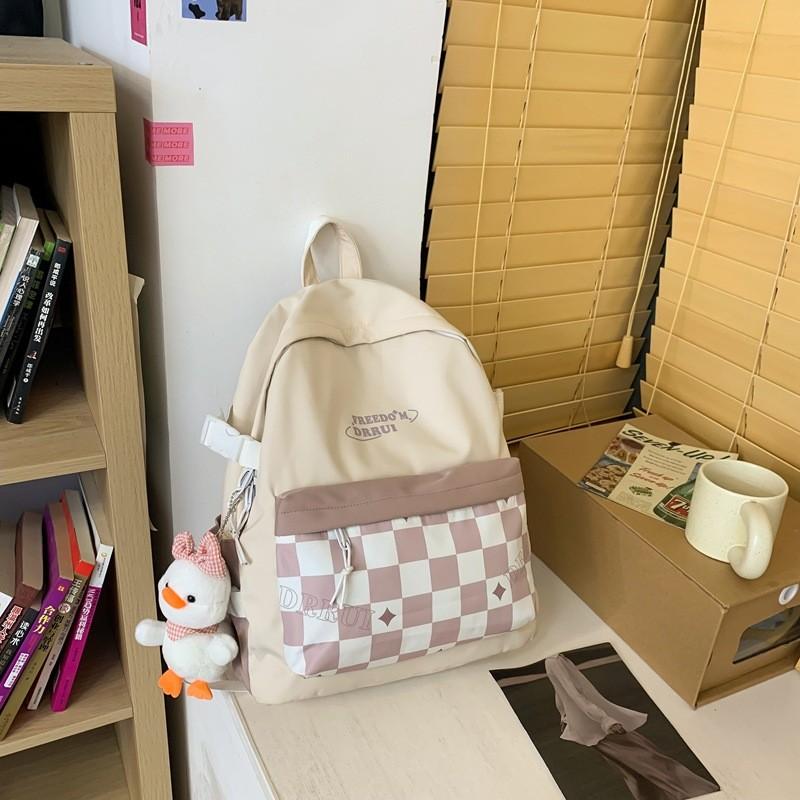 Simplified Checkered Letter Pattern Student Backpack With Plush Pendant For Middle School Students