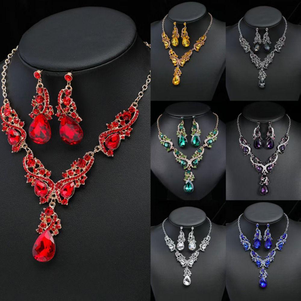 Crystal Rhinestone Jewelry Set Exaggerated Women's Necklace Water Drop Necklace Earrings Set  Party