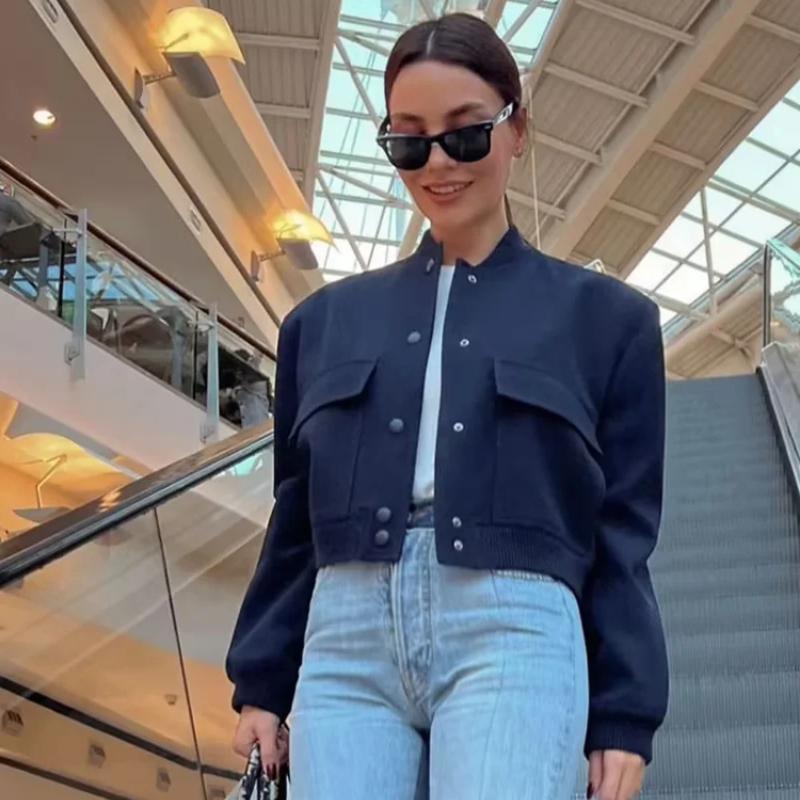 Woman Bomber Jacket White Autumn Winter Button Cropped Jackets for Women Fashion Long Sleeve Crop Outerwear