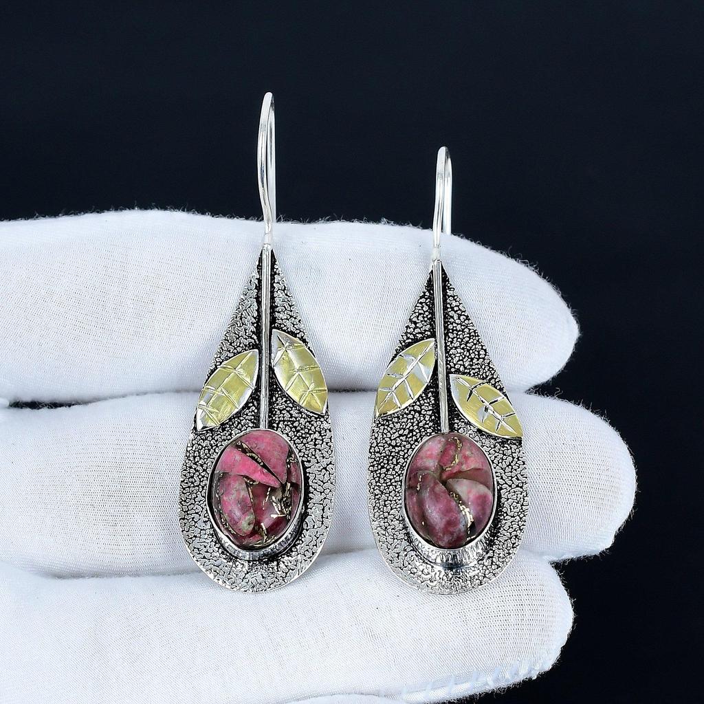 Copper Rhodochrosite Gemstone Earrings, 925 Sterling Silver Earrings, Handmade Silver Earrings For Gift, Rhodochrosite Dangle Earrings Party Wear Gift