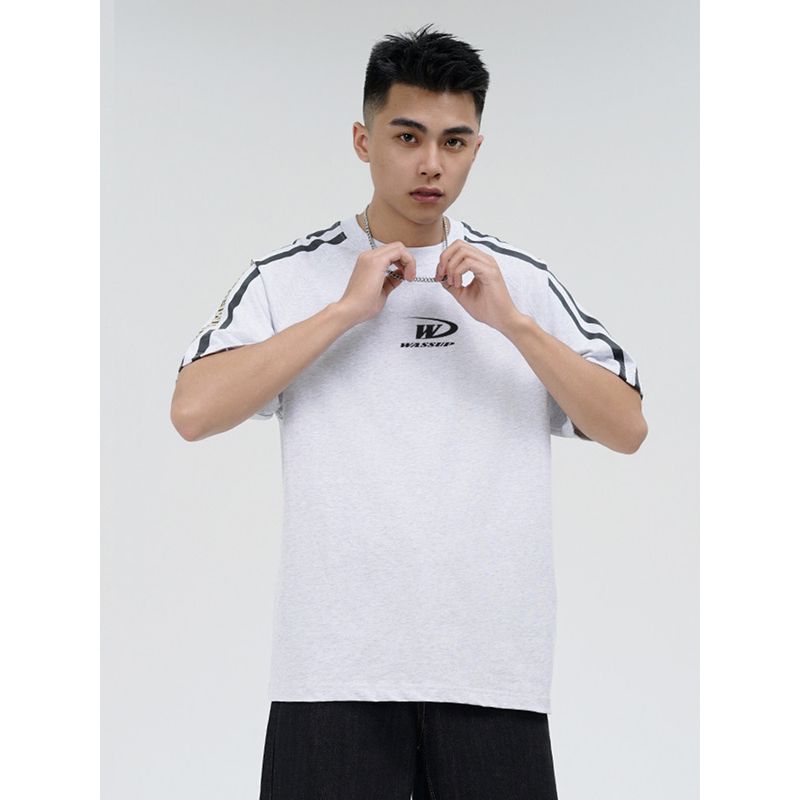 Wassup Trendy Brand Patchwork Three-Stripe Short-Sleeve Unisex Summer Loose American Retro Street Crew Neck Half-Sleeve Top