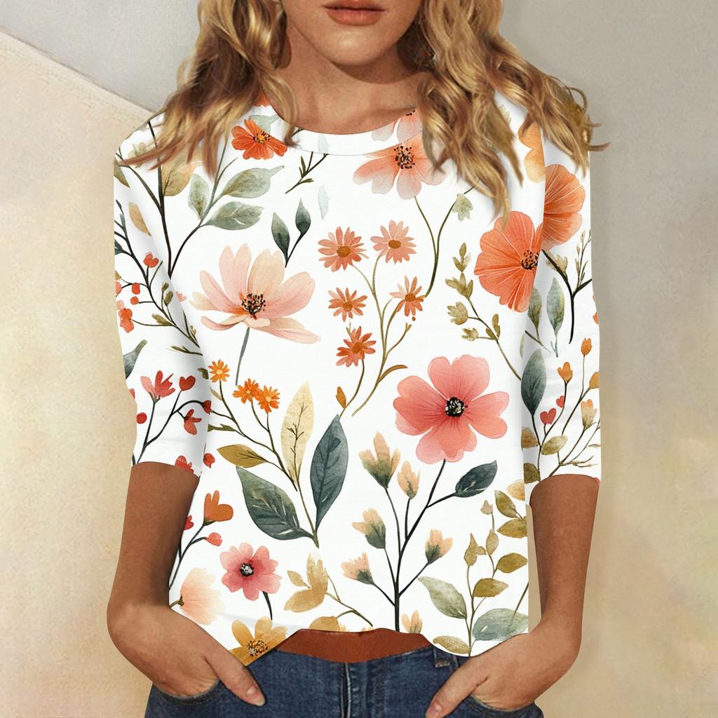 Women's Fashion Casual Round Neck Printed 3/4 T-shirt Top