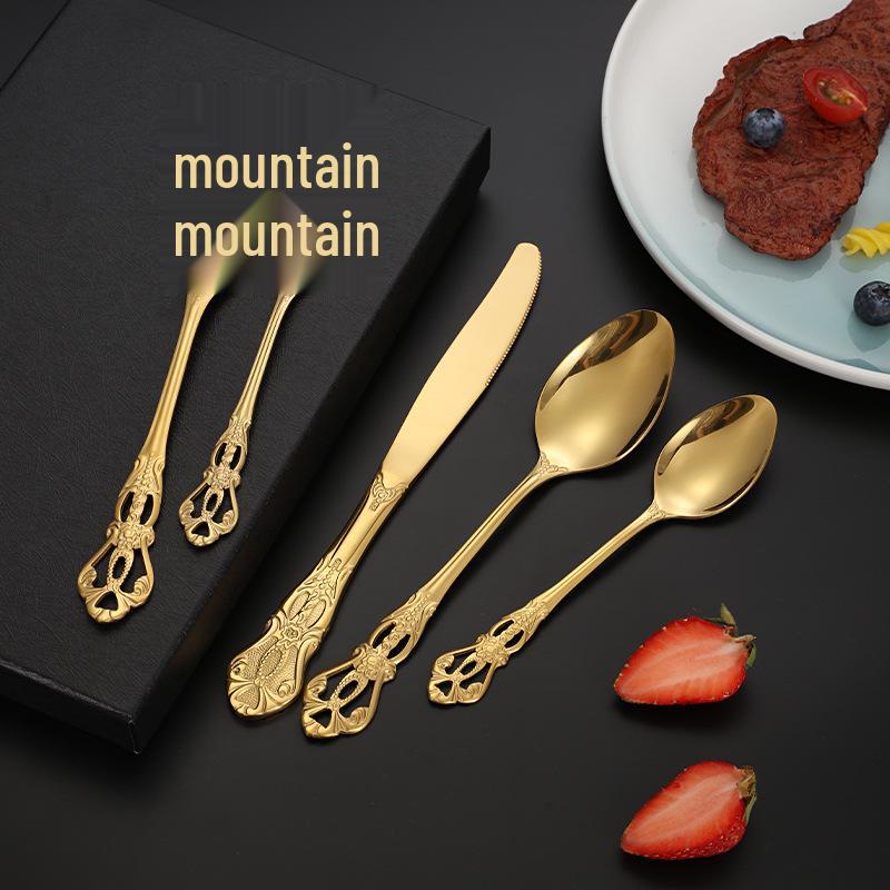 Royal Court 5-Piece Cutlery Set: Vintage Titanium-Plated Gold Stainless Steel Knife, Fork & Spoon with Embossed Hollow Design.