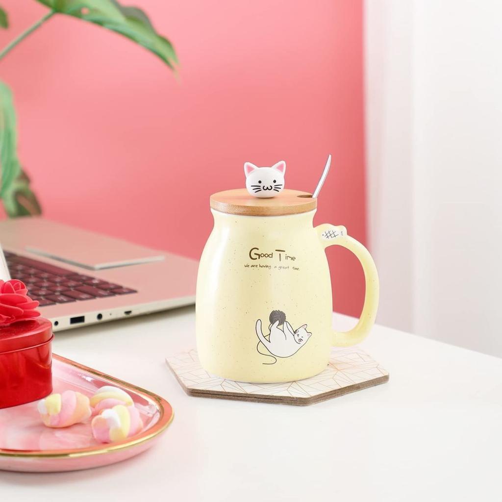 380ml Kawaii Cat Ceramic Mug Set with 3D Kitten Lid & Spoon, Large Capacity Milk Tea Water Cup, Personalized Birthday Gift