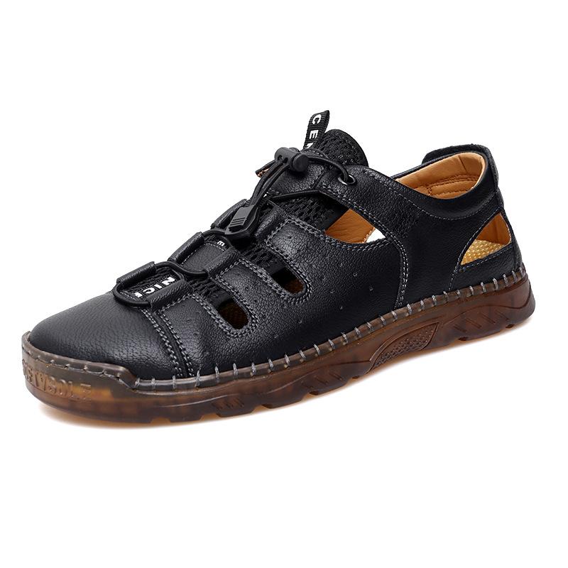 

2025 сандалии мужские летние уличные полые дышащие туфли с отверстием на носке для водителя вождения нескользящие спортивные пляжные туфли 38 чёрный