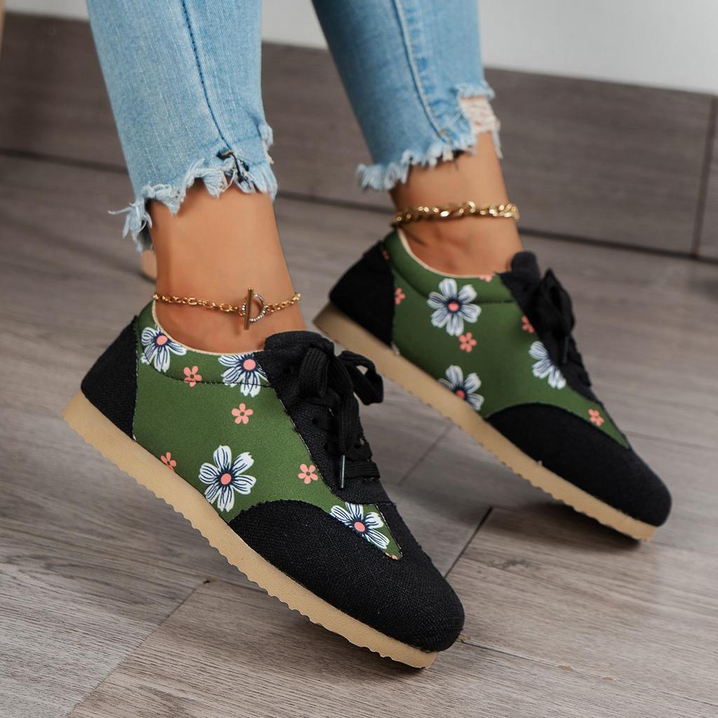 European and American large-size flat-bottom printing fashion board shoes women's new casual flower front lace-up single shoes