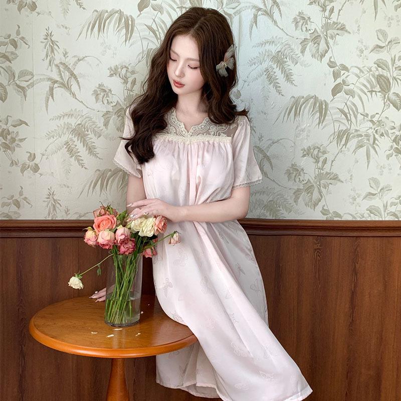 1011 Summer New Women's Nightgown V-neck Thin Short-sleeved High-end Sexy Lace Loungewear Can Be Worn Outside