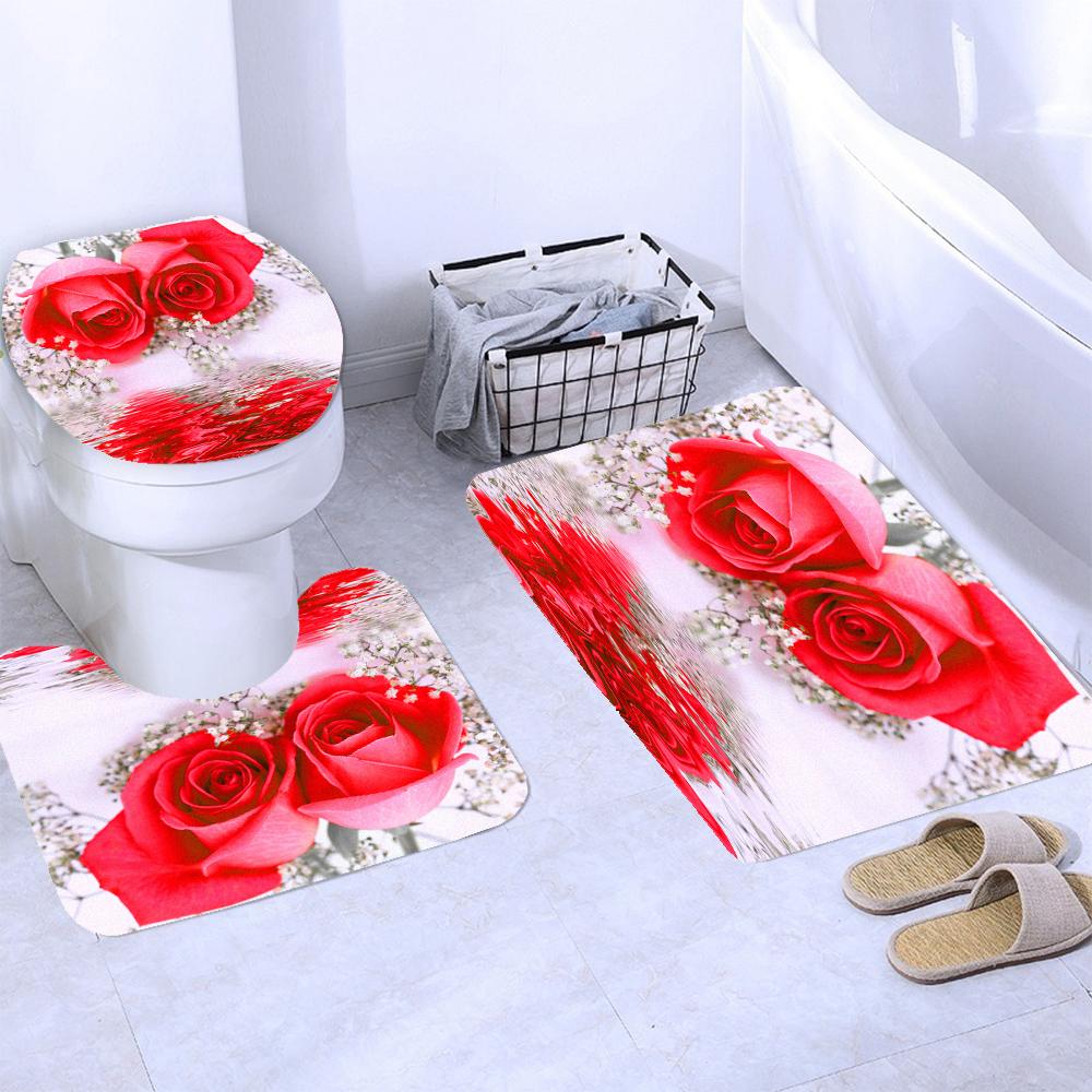 Butterfly Red Roses And Flowers Print Shower Curtain Set Anti-Slip Rugs Toilet Lid Cover Bath Mat  Bathroom Curtains Decoration