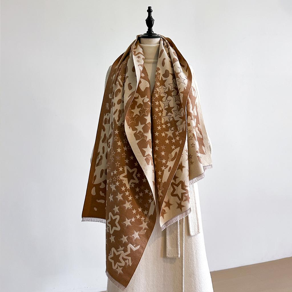 Ladies Thickened Winter Scarf Leopard Print Star Design Two-Sided Faux Cashmere Jacquard Wool Pashmina Wrap Luxury Style