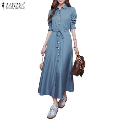Women Casual Turn Down Collar Loose Long Sleeve Dress