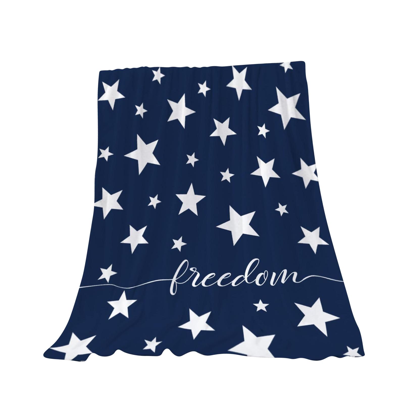 

Flannel Throw Blanket with Star Print and Freedom Lettering Soft Lightweight Sofa Bed Cover for Home Decoration Use One Size