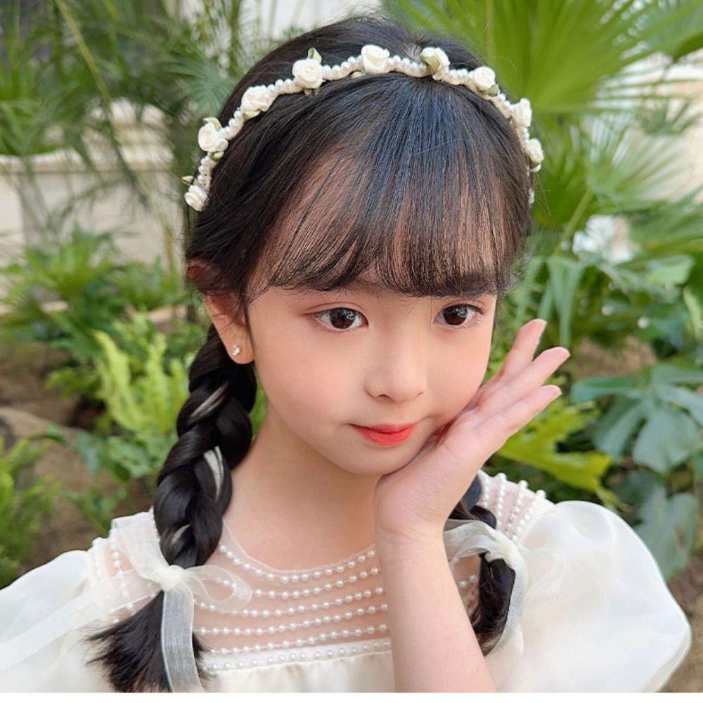 Spring Summer Kids Rose Headband Bow Braided Non-Slip Hair Hoop Hair Accessory Girls Princess Style Flower Wreath Headband Gift