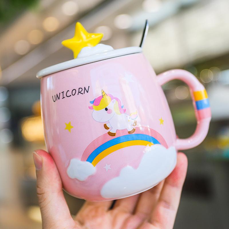 450ml Creative unicorn Ceramic Mug With Lid and Spoon Cartoon Milk Coffee Tea Cup Porcelain Mugs Nice Gifts Drop shipping
