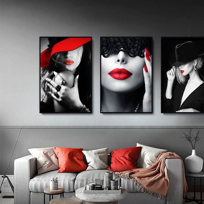 Red Lips Sexy Woman Canvas Painting Fashion Girl Babes Wall Art Pictures Modern Home Livingroom Wall Decoration Frameless