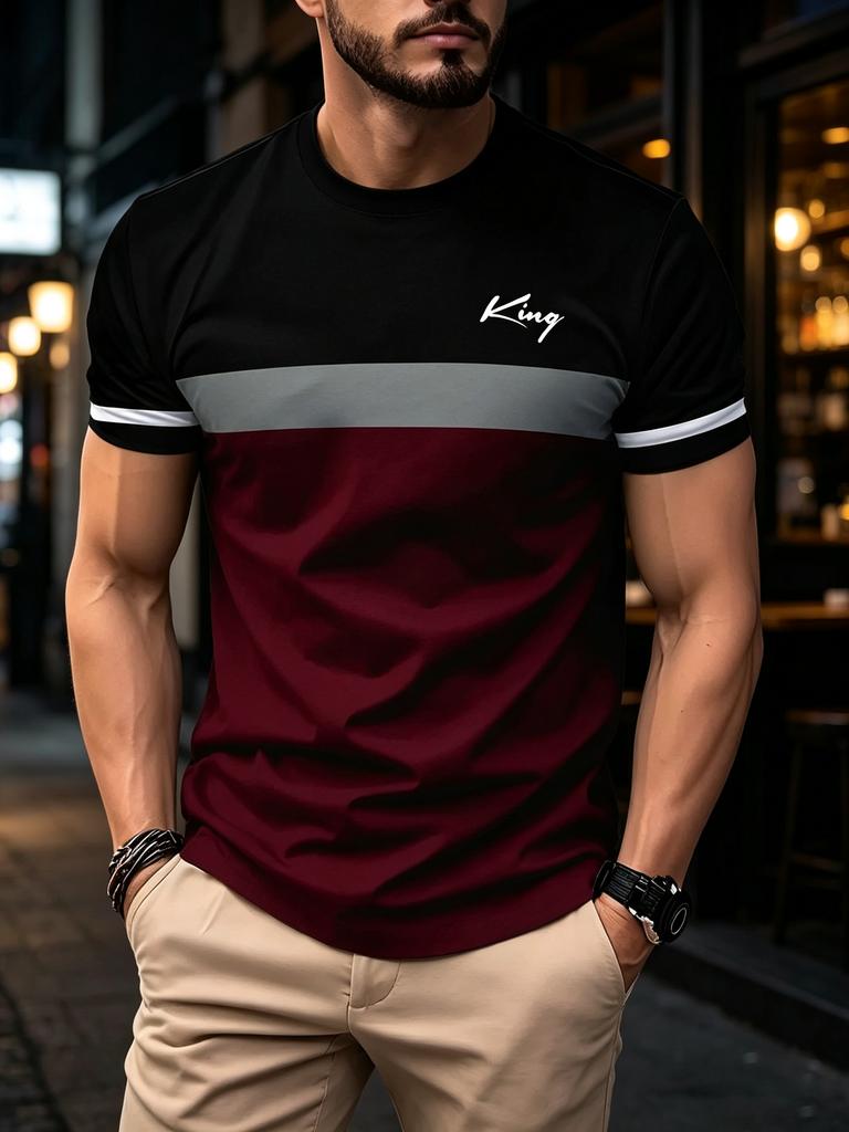 Men'S Digital Print T-Shirt, Men'S Casual Short Sleeve Tee, Black And Red Contrast Design with King Lettering, Round Neck Summer Top, Easy Care,