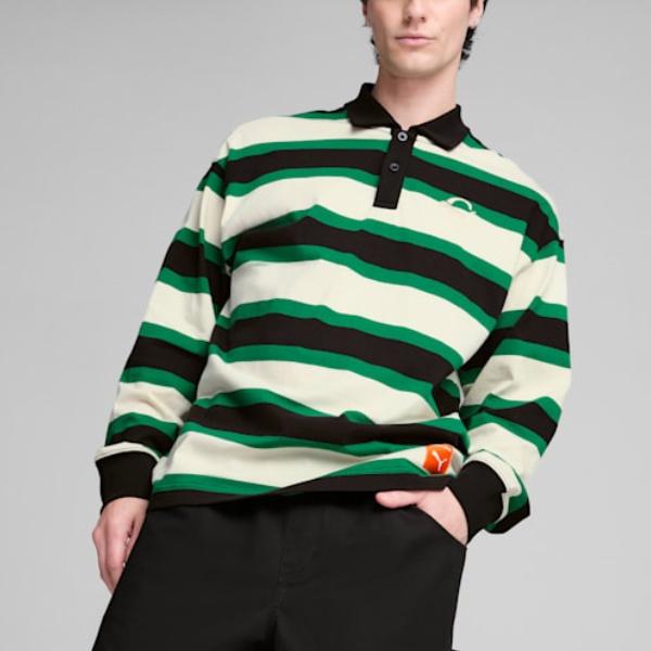 Puma X Carrots Collaboration Fashion Embroidered Carrot Badge Striped Long Sleeve Polo Shirt Unisex Polo Shirts White Black Green 627444-86