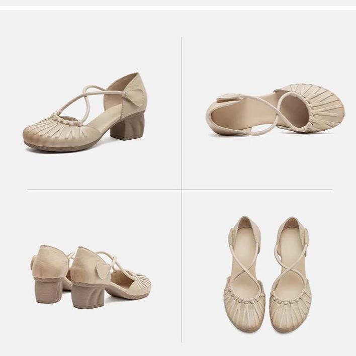 Johnature Genuine Leather French Cross Belt High Heel Sandals Fashionable Versatile Coarse Heel Women's Shoes