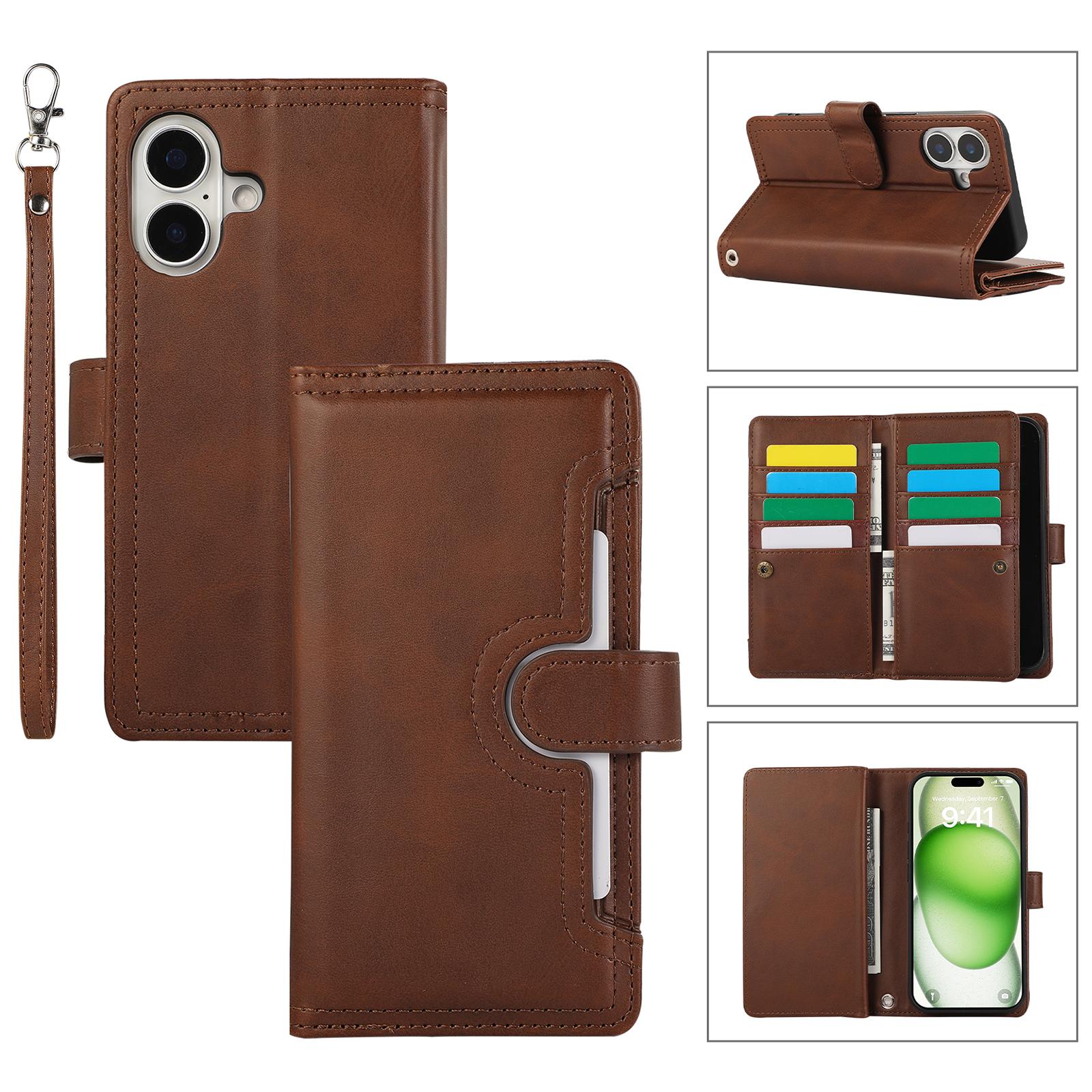 

For iPhone 16 Plus Case Split Leather Magnetic Wallet Phone Protector with Wrist Strap Coffee