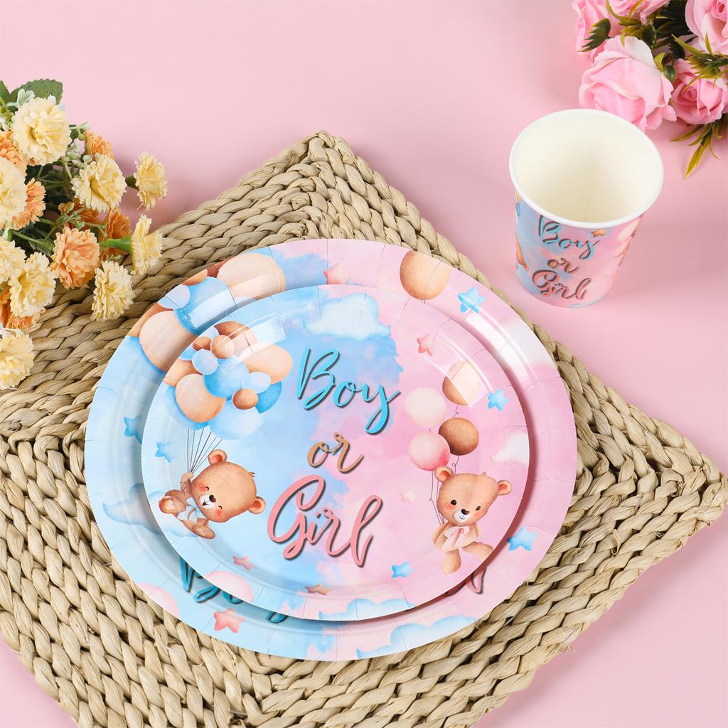 Pink Blue Teddy Bear Disposable Tableware Set Boy or Girl Paper Napkin Plate Gender Reveals Baby Shower Party Decor Supplies