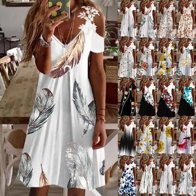 Woman Dress Summer Fashion Lace V-neck Flower Printed Casual Short Sleeve Strapless Dress