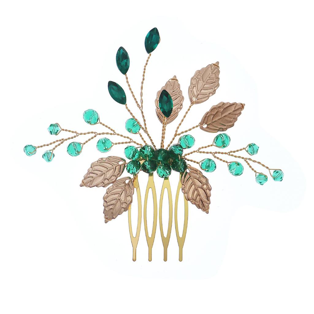 Retro Alloy Rhinestone Plug Comb Handmade Leaf Green Crystal Headdress Antique Hanfu Jewelry Bridal Hair Comb