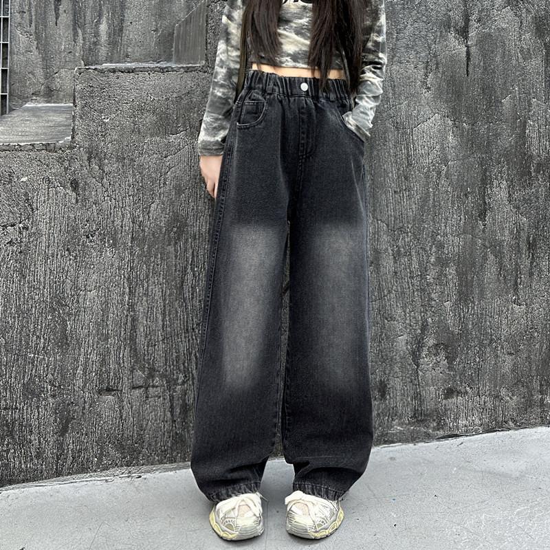 Jeans Neri Dritti Vintage per Bambina Adolescente Pantaloni in Denim Sfumato Casual Moda Bambini Jeans Pantaloni 4-14Y