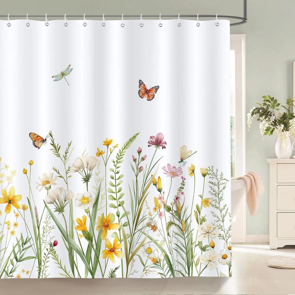 Bohemian Floral Shower Curtain Watercolor Botanical Tropical Palm Leaf Butterfly Modern Simple Polyester Bathroom Decor Curtains