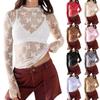 Women's Lace Layering Top Long Sleeve Sheer Mesh Mock Neck Undershirt Y2K Lace Floral Tops See Through Shirt Blouse