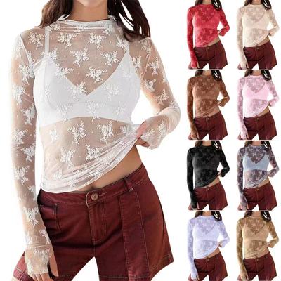 Top de Damă cu Straturi din Dantelă Mânecă Lungă Plas Transparent Guler Înalt Tricou de Bază Topuri Florale din Dantelă Y2K Cămașă Transparentă Bluză