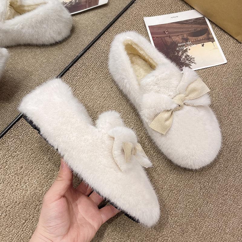 Fashion Flat-bottomed One-pedal Velvet Doudou Cotton Shoes for Women To Wear New Autumn and Winter Bow Warm Fluffy Shoes