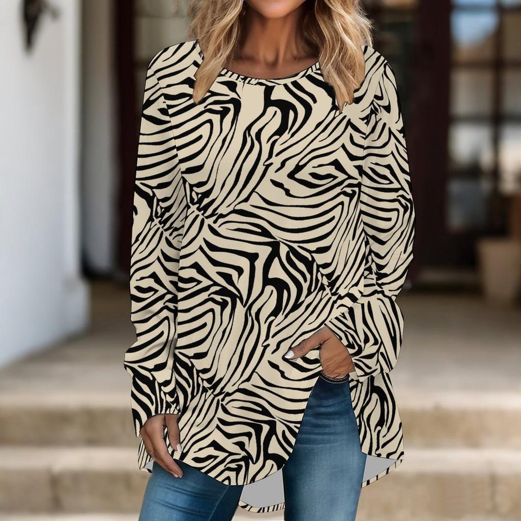 Women Long Sleeve Tunic Top Print Crew Neck Loose Fit Blouse With Pockets Casual Daily Wear Ladies Tops