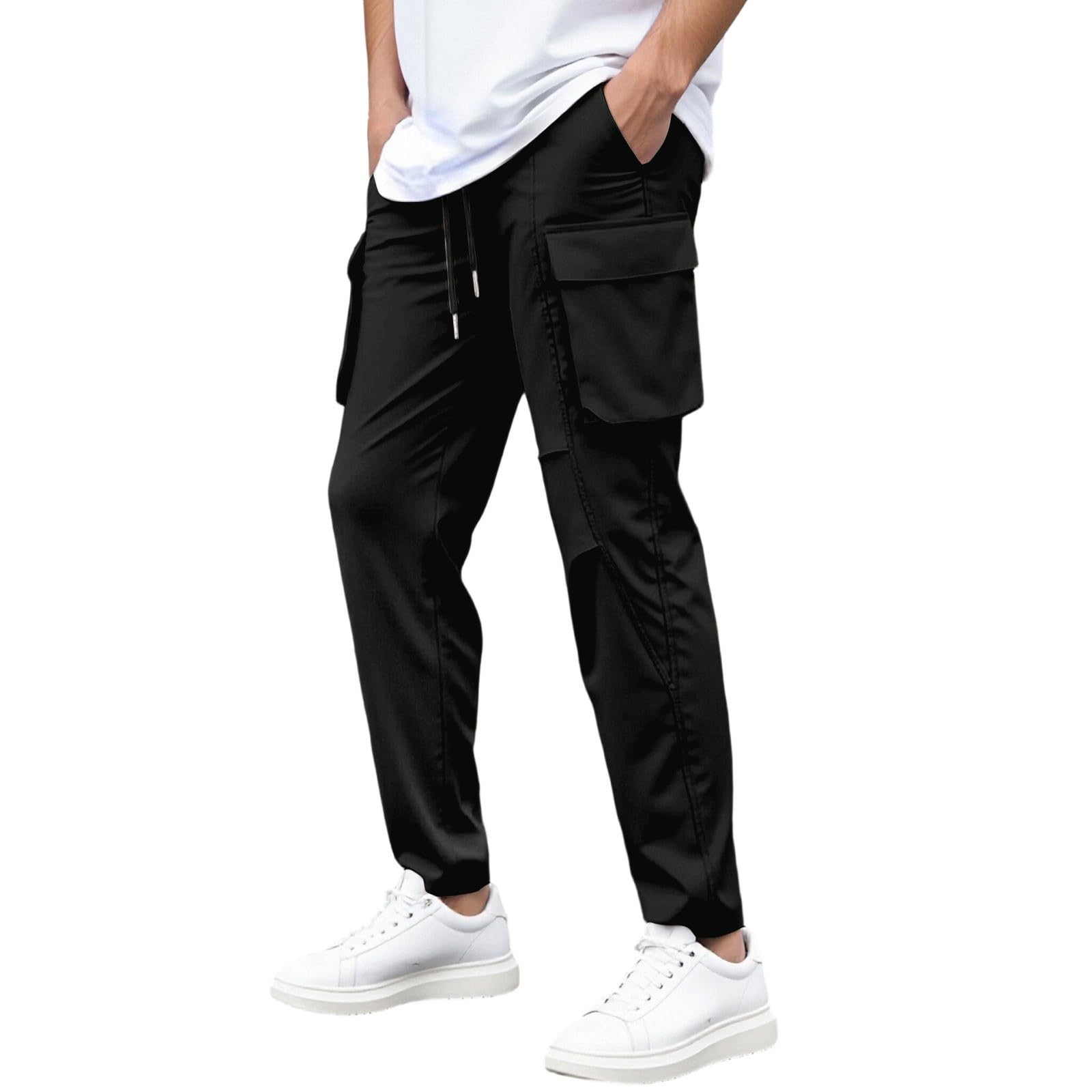 Men s Multi-Pocket Cargo Drawstring Hiking Pants, Straight Leg Casual Trousers L чёрный