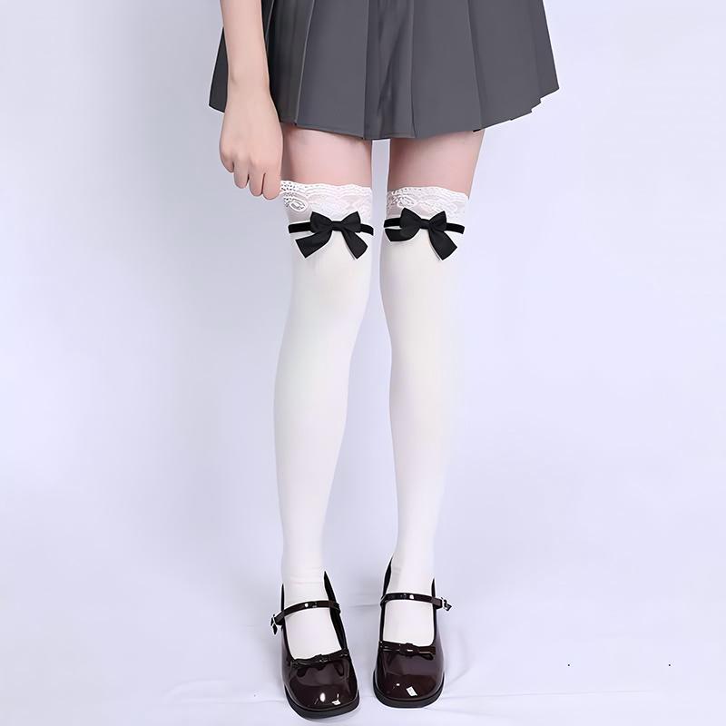 Lolita Lace Frill Mid-Calf Socks with Bow Ribbon - White Ballet Style JK Knee-Highs for Spring & Autumn
