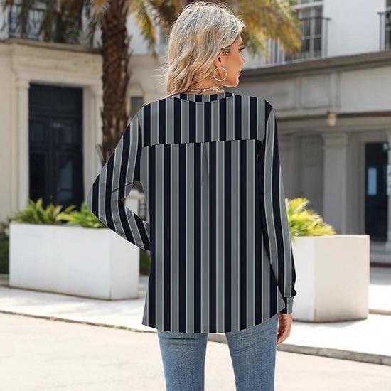2026 Fall/Winter Women's V-neck Striped Plus Size Loose Long Sleeve Slimming Top