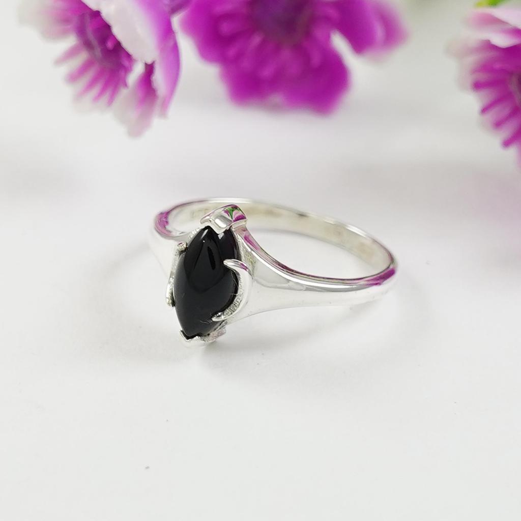 Natural Black Onyx Ring, Minimalist Ring, Handmade 925 Sterling Silver Ring, Marquise Onyx Designer Ring, Gift for Her, December Birthstone