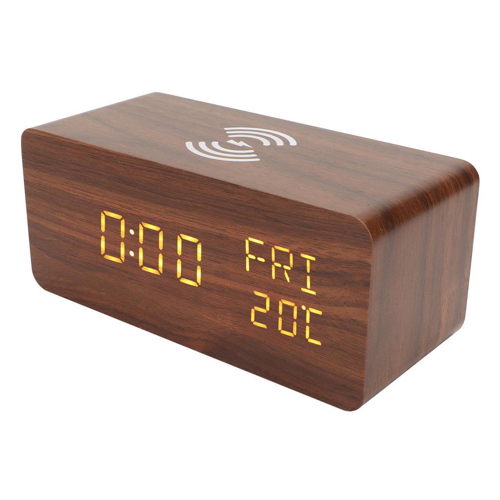 Wooden Digital Alarm Clock Yellow LED Display Adjustable Dimmer Weekday Wireless Charging Clocks