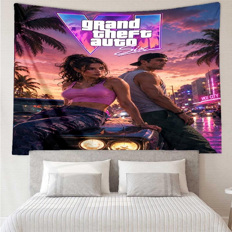 GTA 6 Print Tapestry, Backdrop, Easy Setup, Ideal for Bedroom, Office & Living Room, with Aesthetic Wall Hanging Decor.