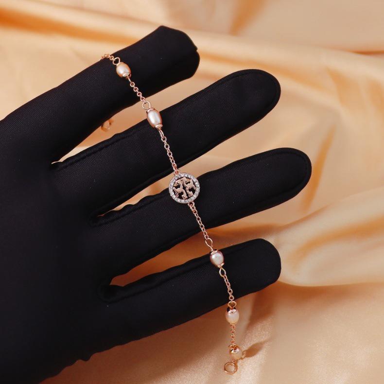 Double T Logo Pavé Pearls Bracelet - Brass, Gold Plated, Light Luxury