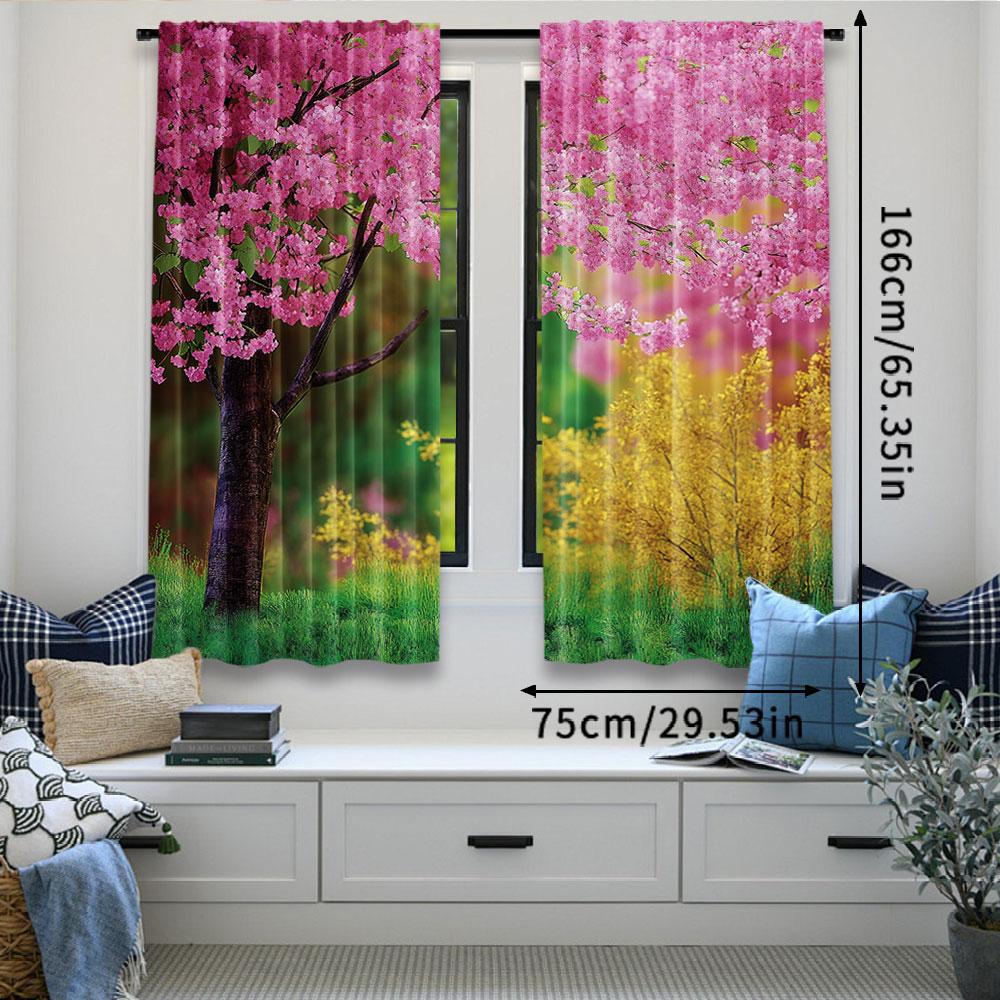 2 Stück Japanische Vorhänge Sakura Blumen Bäume im Frühlingsgarten Landschaft Floral Rosa Blütenmuster Wohnzimmer Schlafzimmer Fenster