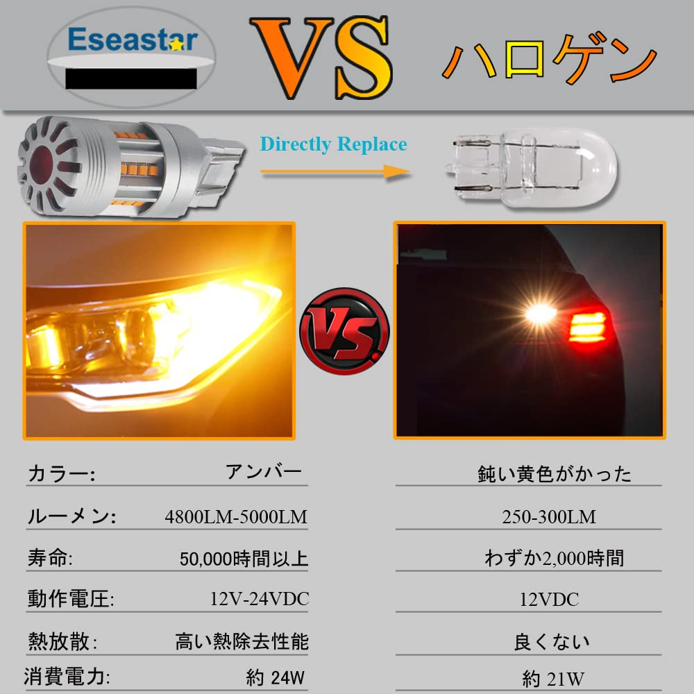 Eseastar T20 7443 WY21W LED Turn Signal, Explosive Light, Bulb, Amber, Cooling Fan, High