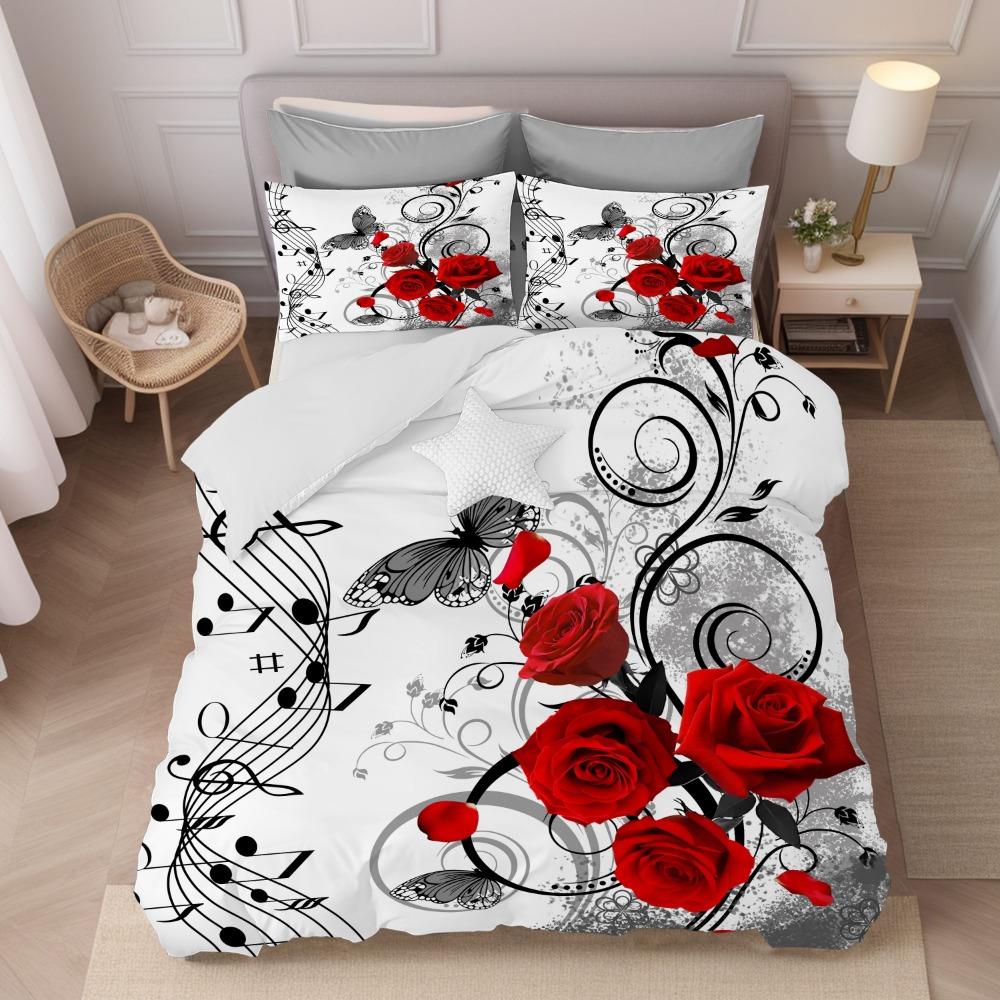 3pcs White Bedding Set Musical Score Red Rose Print Cozy Duvet Cover Set King Queen Twin Single Size Birthday Gift Bedroom Decor