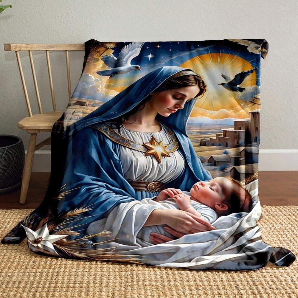 A serene nativity scene with radiant light, stars, doves, and wheat. for all seasons blanket lunch break throw gift